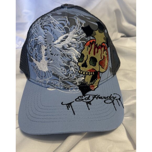 Ed Hardy Trucker Hat Embroidered Tattoo Eagle Skull Blue Mesh Snapback Cap New - Picture 8 of 15